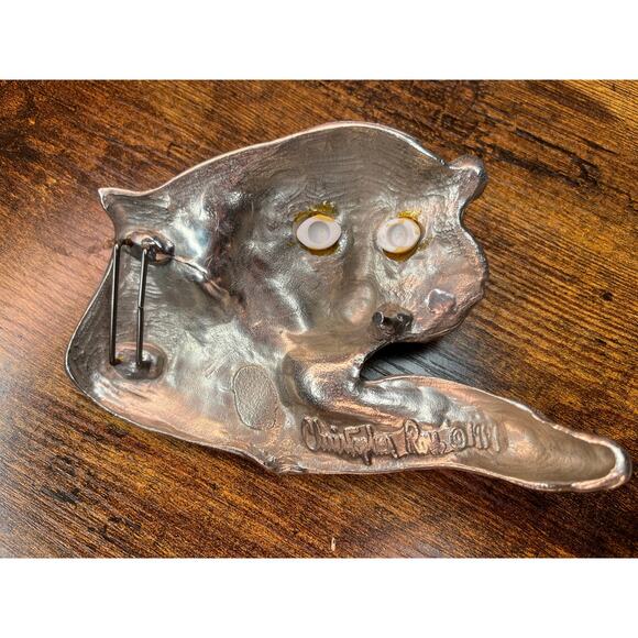 1991 Rare Christopher Ross Sterling Silver Plated Tiger Glass Eyes Belt Buckle
